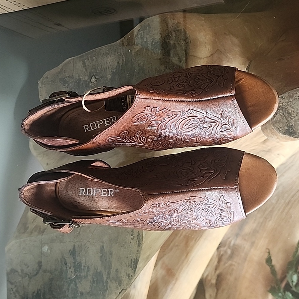 ROPER Mika Closed Back Open Toe Embossed Brown Leather Heels Womens 9.5 - Picture 6 of 9